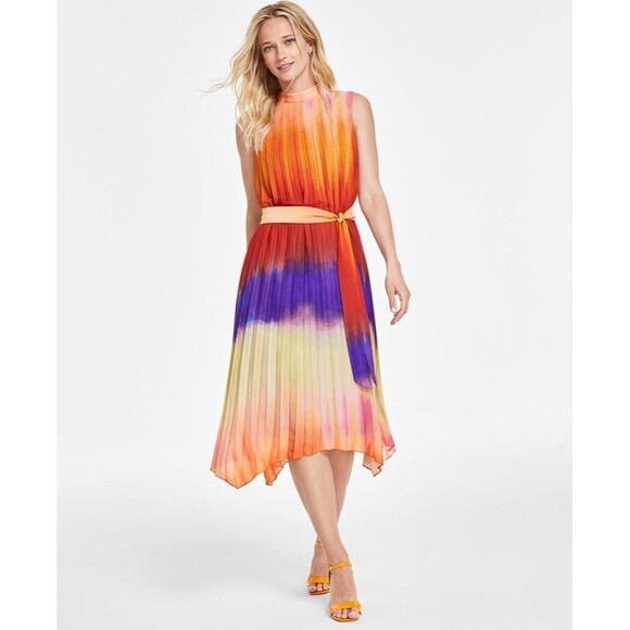 Tahari ASL Women's Mock Neck Ombré Pleated Chiffon Midi Dress Orange Multi 16 - Picture 1 of 11